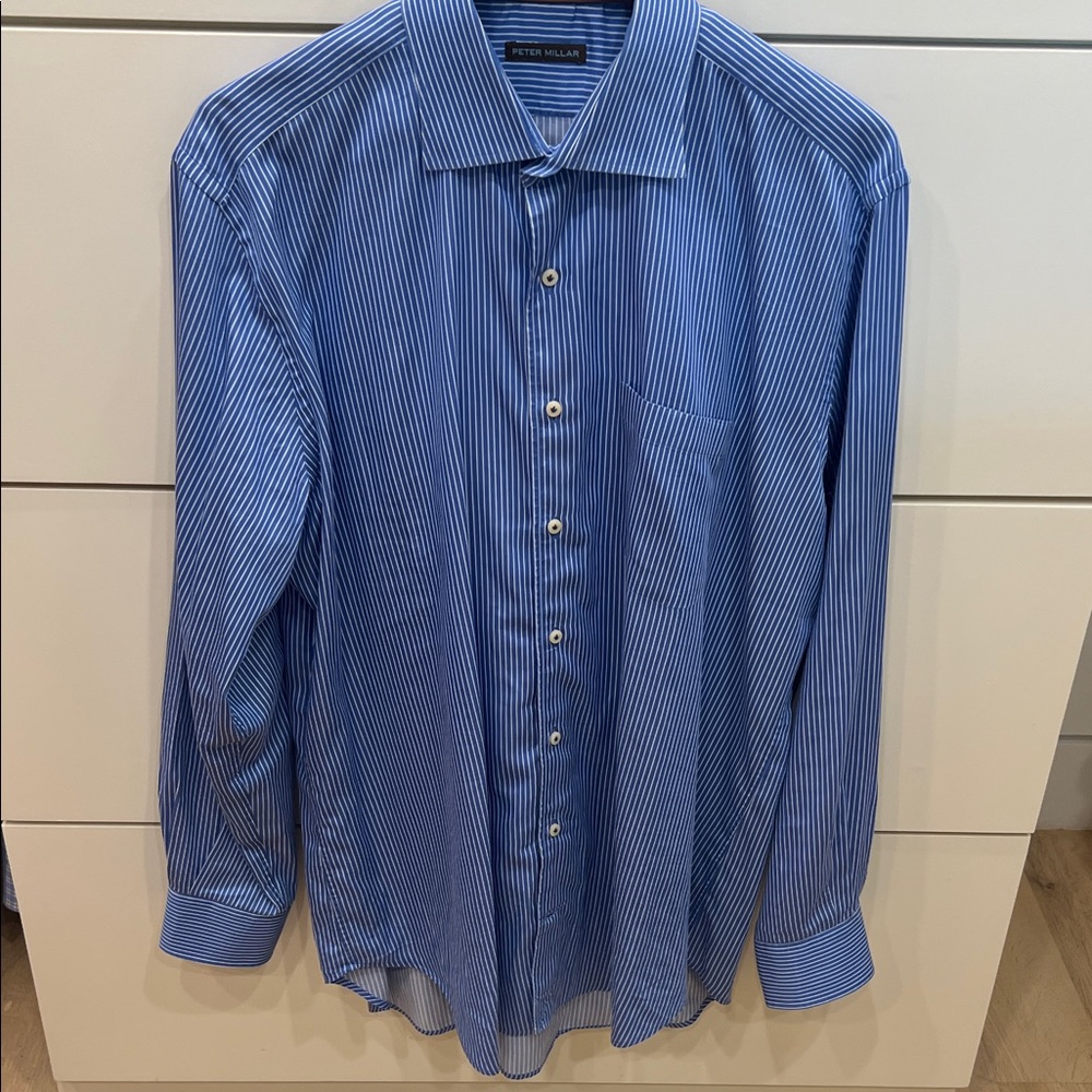 Peter Millar Blue and White Striped Men's Dress Shirt